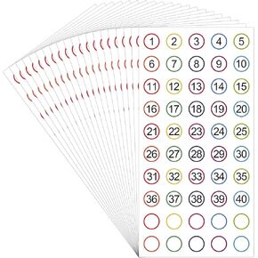 1000 Pcs Number Stickers 1-40 20 Sheets Dot Consecutive Number Labels Removable Self-Adhesive Colored Numbered Decals Without Residue for Office Classroom Indoor Storage Boxes Desks Chairs