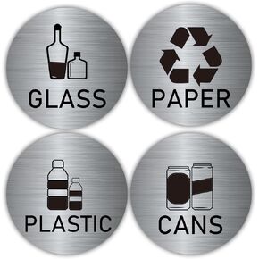 Recycle Stickers for Trash Cans Stainless Steel Style Vinyl Recycling Bin Labels 4 inch Recycling Sticker Sign for Use in Home and Office Indoor/Outdoor Use(12 Pack)