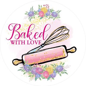 Baked with Love Stickers 500pcs Floral Cookie Stickers Baked Goods Packing and Wrapping Labels Business Homemade Made with Love Spring Easter Birthday Wedding Baby Shower Party Supplies