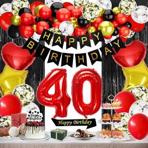 Red 21st Birthday Decorations Happy Birthday Banner Cake Topper Sash Black Fringe Curtains Heart Star Foil Number 21 Balloons Confetti Balloons for 21 or 12 Years Old Party