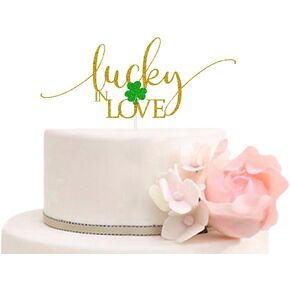 Lucky In Love Cake Topper Four Leaf Clover Good Luck for Wedding Engagement Bridal Shower Bachelorette Party Decorations Gold Green Glitter