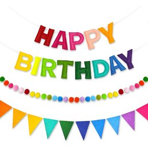 CANREVEL Pre-Strung 3D Happy Birthday Banner, 3 PCS Rainbow Happy Birthday Felt Garland, Pom Pom Garland, Triangle Fabric Garland Bunting, Reusable Rainbow Birthday Decorations