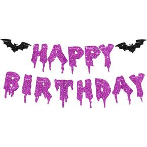 Glitter Black Glitter Happy Birthday Halloween Banner- NO DIY - Halloween Hanging Bats Paper Garland Bunting Banner Decorations, Halloween Party Supplies for Kids Boy Girl Birthday
