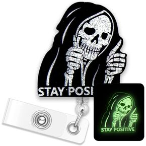 ERHACHAIJIA Stay Positive Skull Retractable Glow in The Dark Glitter Badge Reel, Funny Halloween Skeleton ID Card Badge Holder Gift for Nurses Doctors Office Worker Social Worker Student Colleague