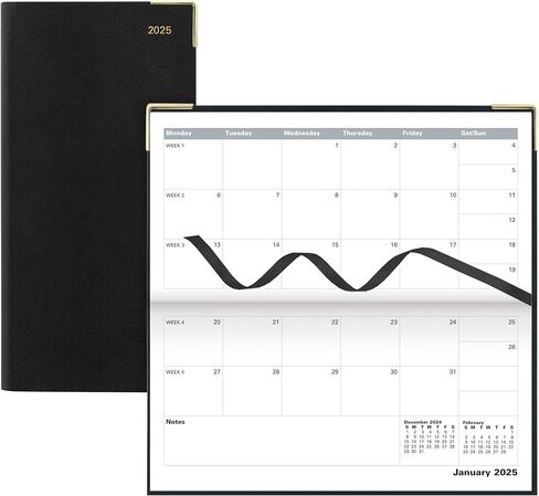 Letts of London Classic 2025 Monthly Planner, 13 Months, January 2025 to January 2026, Month-to-View, Horizontal, Gold Corners, Slim Size, 6.625" x 3.25", English, Black (C12SBK-25) in Kuwait