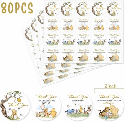 2 inch 80pcs Cute Thank You for Celebrating with us Stickers Winnie Bear Baby Shower Party Decorations, Classic Pooh Thank You Stickers - Please Check Your Jar Cover Size in Saudi Arabia