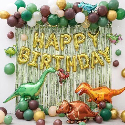 Dinosaur Birthday Decorations, Dinosaur Birthday Party Supplies for Boys Include Foil Dinosaur Balloons, Happy Birthday Balloons, Rain Curtain,Latex Balloons Arch Kit for Dino Jungle safari Party in Saudi Arabia