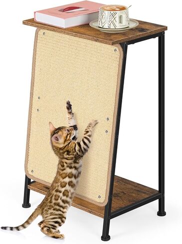 Cat Scratcher Furniture Small End Table with Sisal Scratching Mat, Farmhouse Sofa Table with Natural Sisal Scratching Pads, Vertical Cat Scratching Post for Indoor Cats, Rustic Brown in Saudi Arabia
