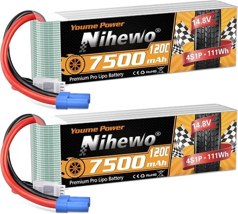 2Packs 4S Lipo Battery ، 14.8v 7500mAh Lipo بطاريات Lipo Case 120c EC5 قابس متوافق مع 1/5 1/6 1/7 1/8 in Saudi Arabia