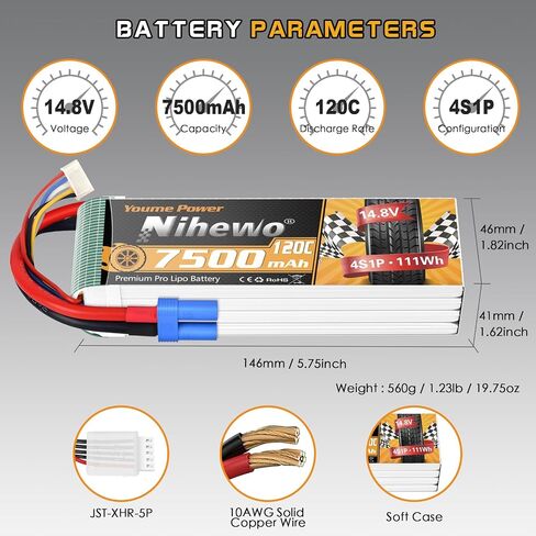 2Packs 4S Lipo Battery ، 14.8v 7500mAh Lipo بطاريات Lipo Case 120c EC5 قابس متوافق مع 1/5 1/6 1/7 1/8 in Saudi Arabia