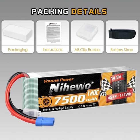 2Packs 4S Lipo Battery ، 14.8v 7500mAh Lipo بطاريات Lipo Case 120c EC5 قابس متوافق مع 1/5 1/6 1/7 1/8 in Saudi Arabia