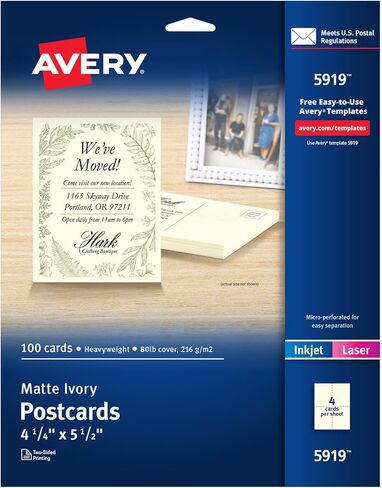 Avery Printable Postcards, 4.25" x 5.5", Ivory, 100 Blank Postcards for Laser and Inkjet Printers (5919) in Saudi Arabia