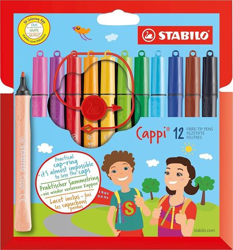 Fibre-Tip Pen with Cap-Ring - STABILO Cappi - Pack of 18 - Assorted Colours + 2 Cap-Rings in Kuwait