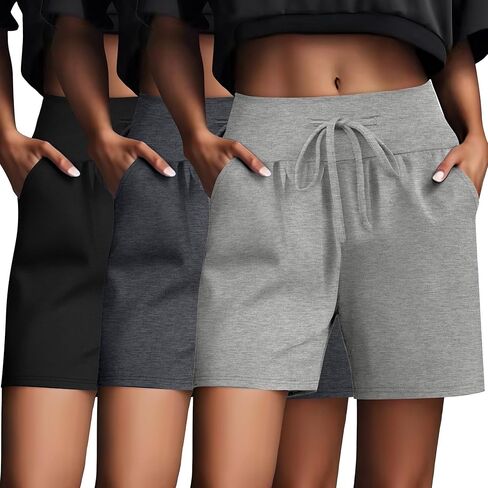 Neer 3 Pack Women's Sweat Shorts Cotton Drawstring High Waisted Summer Casual Workout Lounge Shorts with Pockets in Kuwait