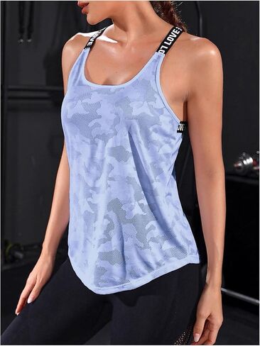 Oyoangle Women's Camo Print Open Back Prockout Tops Tops Tops Letter Actedless Slickeveless Ratherts Gym Gym Litness Top in Kuwait