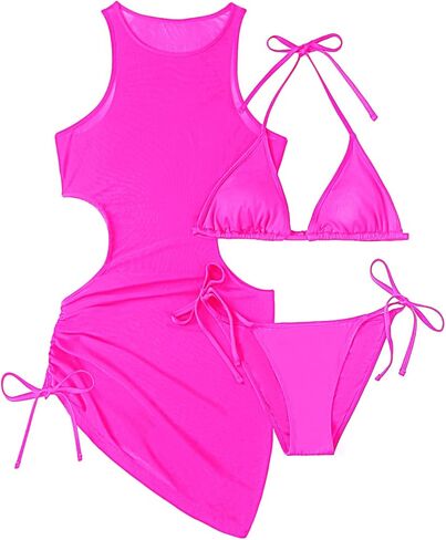 Pinup Fashion Three Piece Swimsuits Women Purple Colorful Halter Bathing Suit with Beach Mesh Cover Up Set S-XL in Kuwait