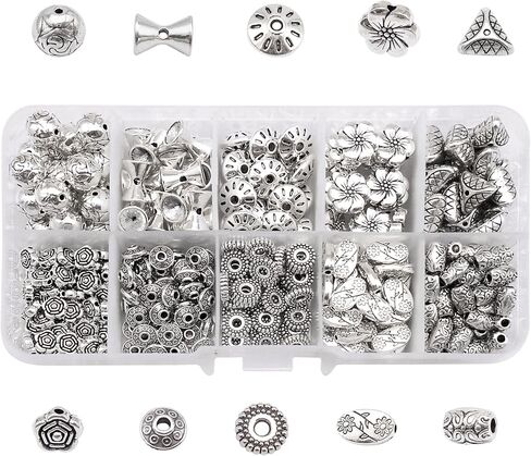 210PCS Mixed Alloy Antique Silver Spacer Beads Bulk Flower Loose Bead for Bracelets Necklaces Earrings Jewelry Making 7 Styles in Saudi Arabia