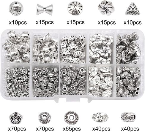 210PCS Mixed Alloy Antique Silver Spacer Beads Bulk Flower Loose Bead for Bracelets Necklaces Earrings Jewelry Making 7 Styles in Saudi Arabia