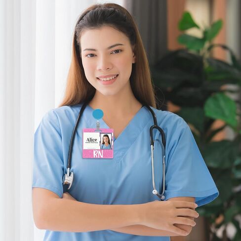 RN Badge Buddy Card, Glitter Nurse Badge Buddy Horizontal Nursing ID Card Sleeve Nurse Nursing Accessories Badge Identification Tags Gifts for Nurse Doctor Hospital Worker(Pink) in Kuwait