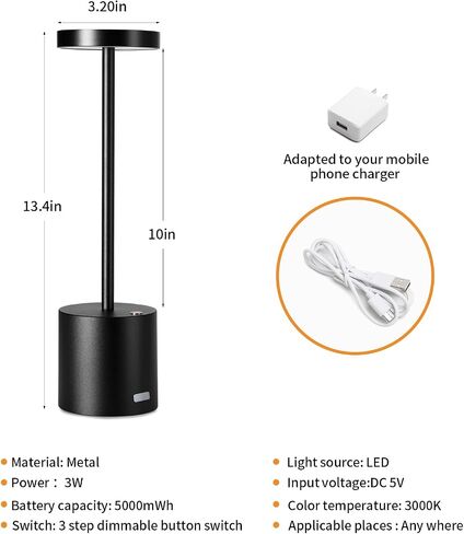 Minimalist Desk Lamp Aluminum Metal LED Read Lamp Rechargeable Black Table Lamp Type-C 5000mAh 3 Color Stepless Dimming for Restaurant,Study,Dorm,Bedroom (13.4IN) in Saudi Arabia