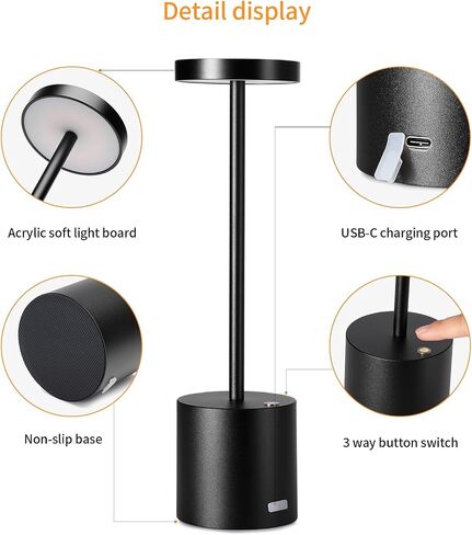 Minimalist Desk Lamp Aluminum Metal LED Read Lamp Rechargeable Black Table Lamp Type-C 5000mAh 3 Color Stepless Dimming for Restaurant,Study,Dorm,Bedroom (13.4IN) in Saudi Arabia