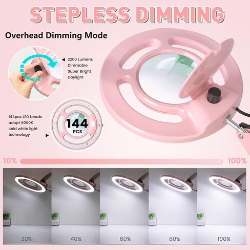 Pink Flexible Arm Magnifying Glass with Light & Stand, 2200 Lumen LED Lamp, Stepless Dimming in Saudi Arabia