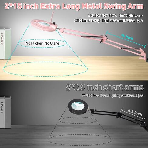 Pink Flexible Arm Magnifying Glass with Light & Stand, 2200 Lumen LED Lamp, Stepless Dimming in Saudi Arabia