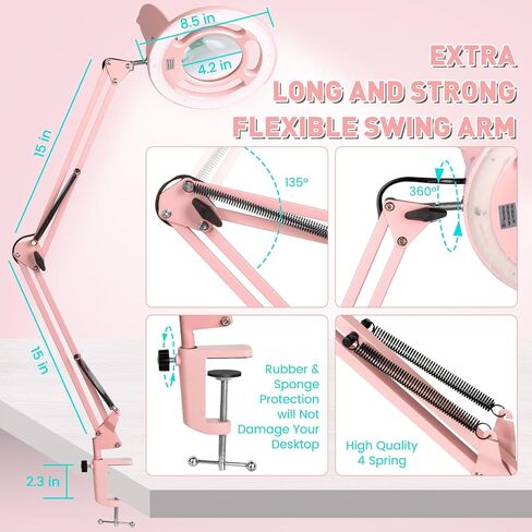 Pink Flexible Arm Magnifying Glass with Light & Stand, 2200 Lumen LED Lamp, Stepless Dimming in Saudi Arabia