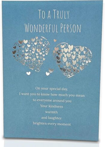 Heartfelt Birthday Card – Elegant Blue Design with Silver Hearts, “To a Truly Wonderful Person" Cover, Pre-Written Heartfelt Happy Birthday 3-Part Wishes, 8.3 x 5.8 Inches in Kuwait