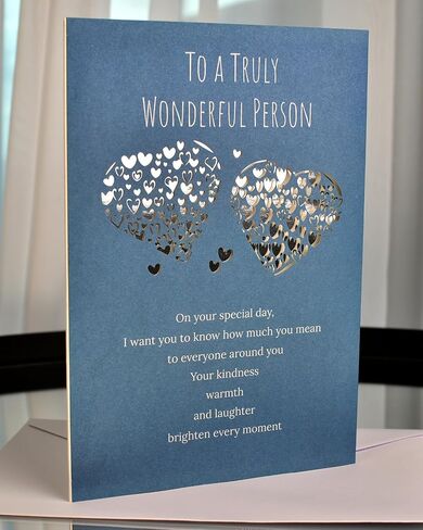 Heartfelt Birthday Card – Elegant Blue Design with Silver Hearts, “To a Truly Wonderful Person" Cover, Pre-Written Heartfelt Happy Birthday 3-Part Wishes, 8.3 x 5.8 Inches in Kuwait