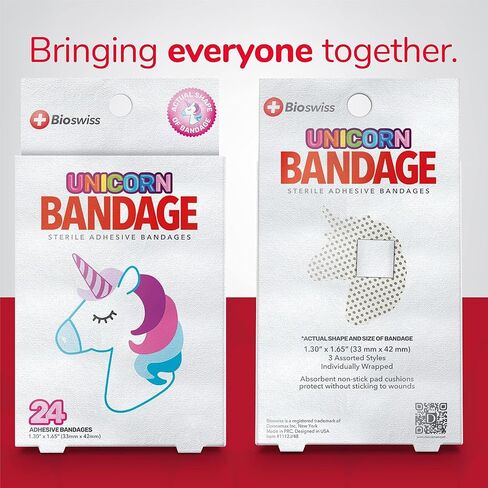 BioSwiss Bandages, Unicorn Shaped Self Adhesive Bandage, Latex Free Sterile Wound Care, Fun First Aid Kit Supplies for Kids, 24 Count in Saudi Arabia