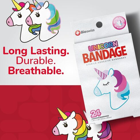 BioSwiss Bandages, Unicorn Shaped Self Adhesive Bandage, Latex Free Sterile Wound Care, Fun First Aid Kit Supplies for Kids, 24 Count in Saudi Arabia