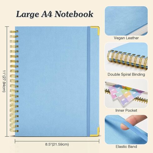 Spiral Notebook 8.5" x 11", 300 Numbered Pages Notebooks College Ruled with Contens, 100GSM Thick Journal for Women Men, Hardcover Leather Lined Journal for Writing, Large A4 Notebooks for Work School in Kuwait