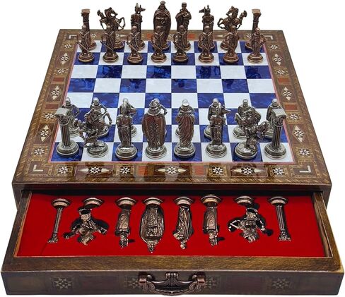 15’’ Handmade Chess Set with British Army Metal Chess Pieces, Luxury Storage Chess Board, for All Ages, Ideal for Father, (Blue) in Saudi Arabia
