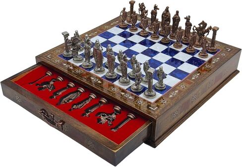 15’’ Handmade Chess Set with British Army Metal Chess Pieces, Luxury Storage Chess Board, for All Ages, Ideal for Father, (Blue) in Saudi Arabia