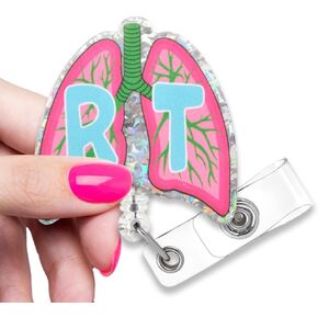 RT Cute Glitter Badge Reel, Retractable Nurse ID Office Work Card, Funny Lung Badge Reels for Respiratory Therapist Doctor Nurse Pulmonologist MD RT RN Respiratory Therapy Gift