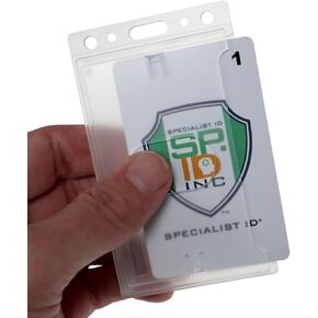 5 Pack - Hard Plastic Badge Holder with Thumb Notch Slide Removal - Vertical Side Load - Clear Frosted Rigid Plastic - Holds One Standard Credit Card Sized Name Badge by Specialist ID