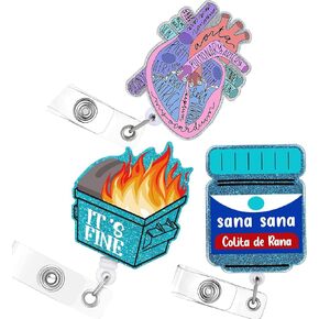 3PCS Funny Nurse Badge Reels Heart Cardiac Dumpster Fire Sana Sana Colita de Rana Accessories Nurse Supplies Nursing Badge Cute Nurse Student RN CNA ER Nurse id Badge Holder
