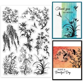 GLOBLELAND Oriental Plant Silhouette Clear Stamps for Cards Making Clear Stamp Seals 5.83x8.27inch Transparent Stamps for DIY Scrapbooking Photo Album Journal Home Decoration