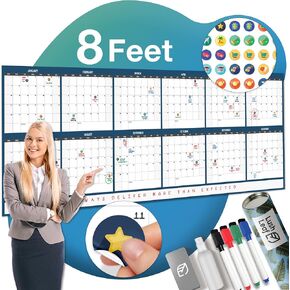 Dry Erase Calendar for Wall, 36"x96" - Undated, Reusable, Yearly - Large Whiteboard For School, Classroom & Office, Includes Markers, Eraser & Accessories