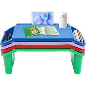 6Pcs Lap Desk Tray for Eating Plastic Activity Table Portable Snack Lap Bed Table Breakfast Lap Trays with Side Pockets & Slot Stackable Lap Desk Tray for Classroom, Blue