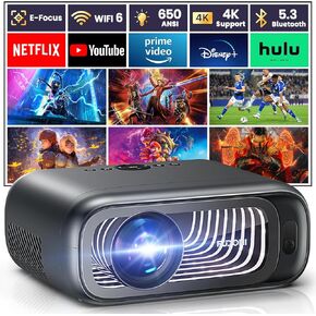 [Electric Focus/Auto Keystone] FUDONI Projector with WiFi 6 and Bluetooth Dual-way, 650ANSI Native 1080P 4K Support Outdoor Movie Projector Max 300'' Display, for iOS/Android/TV Stick/HDMI/USB/Laptop