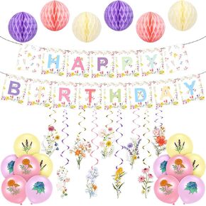 44 Pcs Wildflower Birthday Party Decorations Flower Birthday Banner Floral Garland Hanging Swirls Pastel Honeycomb Balls Balloons for Women Birthday Baby Shower Wedding Party Supplies