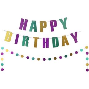 Magqoo Mardi Gras عيد ميلاد سعيد لافتة Glitter Mardi Gras Brithday Decorations Photo Props Purple Green Gold Banner Happy Happy