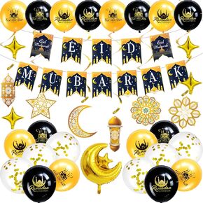 48 Pcs Eid Ramadan Mubarak Decorations Ramadan Mubarak Foil Balloons Banner Moon Star Garland Latex Balloon Spiral Swirl Hanging Ornament for Muslim Islamic Ramadan Decor Party Supply (Black Gold)
