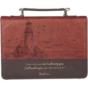 Christian Art Gifts Premium Classic Vegan Leather Inspirational Bible Cover for Men & Women: I Will Carry You Encouraging Golden Scripture, Lighthouse Ocean Theme, Pen Loops, Pockets, Brown, Large