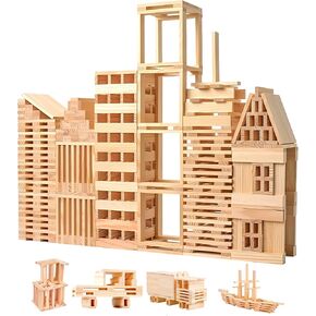 Wooden Building Blocks Set - 200-Piece Plank Block Construction Toys, STEM Educational Wood Toy for Kids and Toddlers