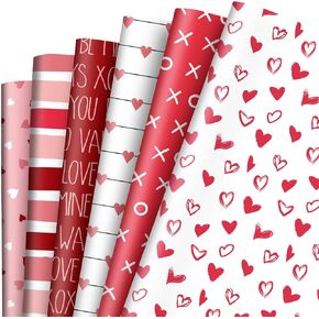 Whaline 12 Sheet Valentine's Day Wrapping Paper Heart Stripe Gift Wrap Paper Bulk Folded Flat Pink Red Craft Paper for DIY Crafts Wedding Anniversary Party Gift Packing Supplies, 19.7 x 27.6 Inch