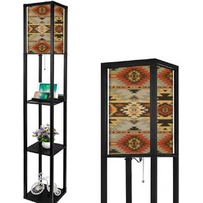 Navajo Geometric Seamless Native American Southwest Print Ethnic Floor Lamp with Shelves USB Ports & Power Outlet Linen Fabric Shade Corner Tall Modern Standing, Multicolor, 63x10.25x10.25''