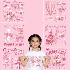 Pink Bow Iron On Transfers 6 Sheets, Cute Bow Iron on Decals Coquette Iron on Stickers Valentines Day Heat Transfer Vinyl for T-Shirts